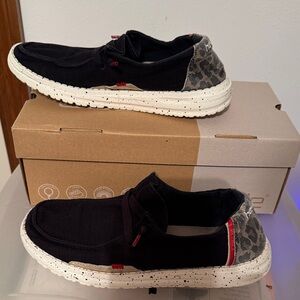 Hey Dude Black and White Flats with Leopard Accent